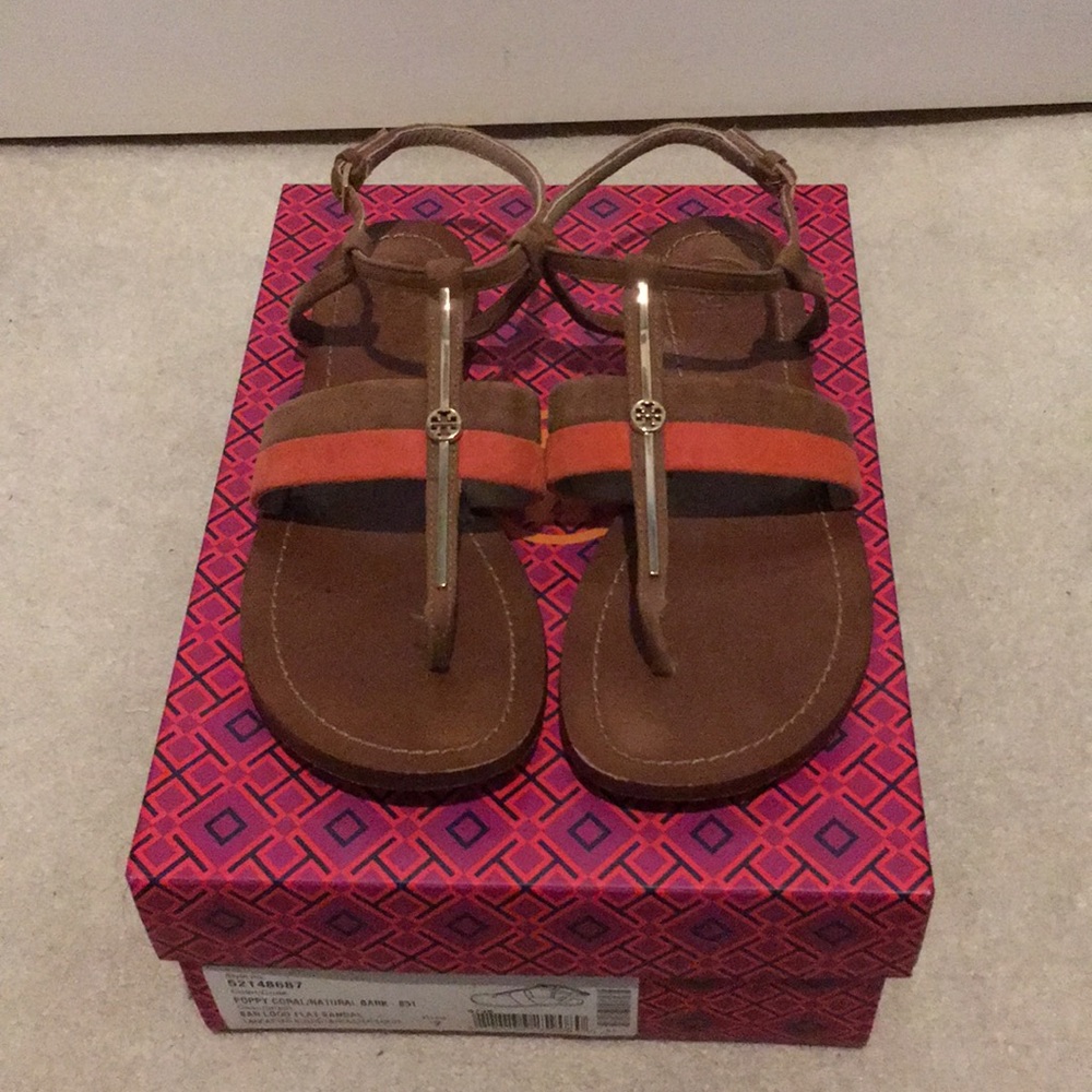 Tory Burch Bar Logo Flat Sandal sz 7 M
